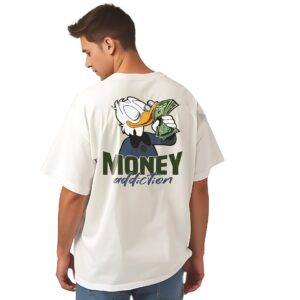 Money Addiction Oversized White T-Shirt Unisex Streetwear Graphic by DigiCloth